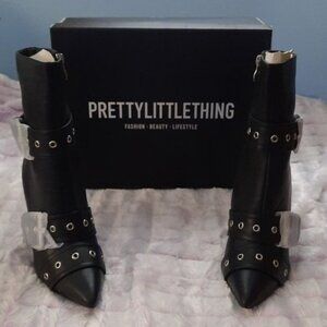 Pretty Little Thing NIB Black Faux Leather Pointed Toe Buckle 5 Inch Heel Boot 7